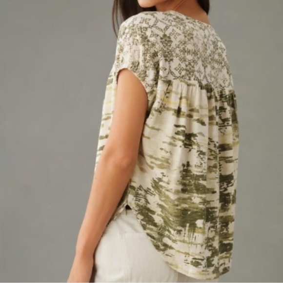 Anthropologie Pilcro Women's Tee Size M Oversized Ruched Henley Green Cotton - Picture 3 of 10